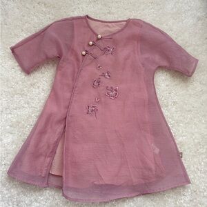 Pink Sheer Dress with Butterfly Embroidery